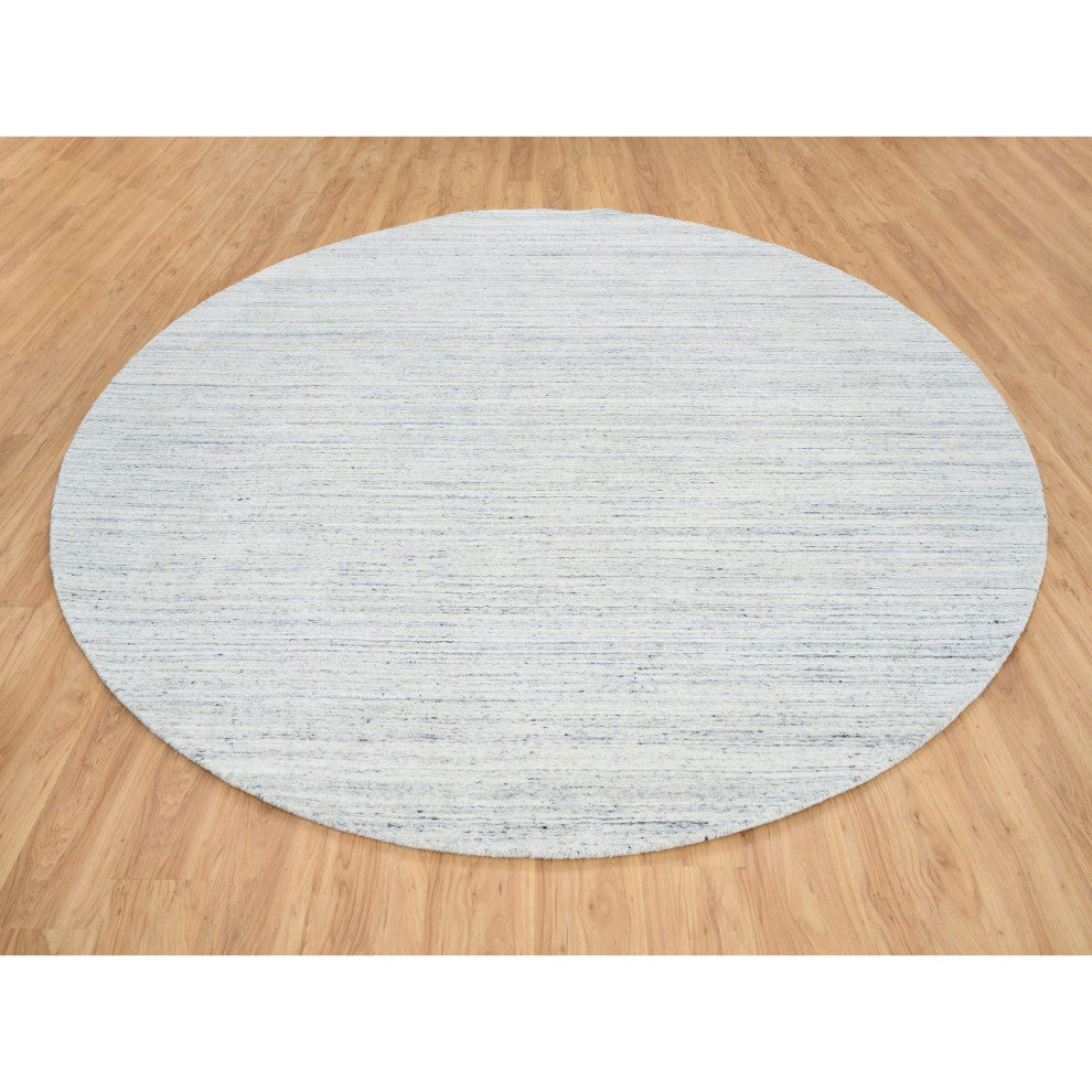 Ivory Hand Loomed Plain Modern Striped Design Organic Wool Round Rug, 10'x10'