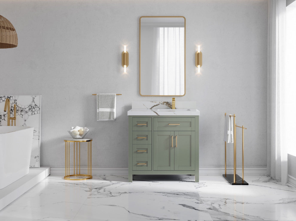 Cambridge 36" Right Offset Bath Vanity in Evergreen 2" Calacatta Gold