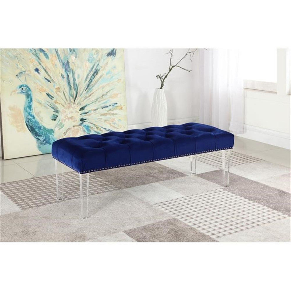 Best Master Suede Fabric Upholstered Bench in Navy Blue/Acrylic Legs