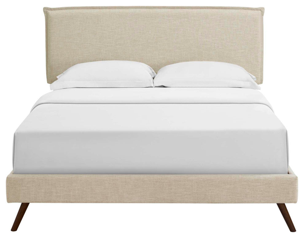 Beige Amaris Queen Fabric Platform Bed with Round Splayed Legs