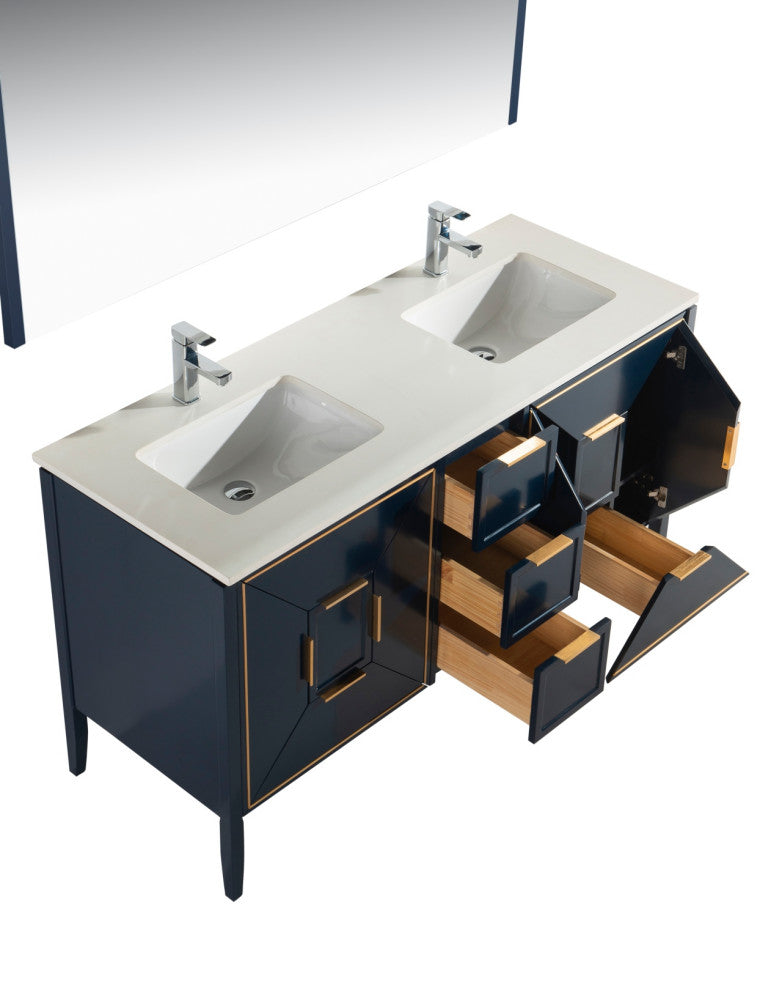 Vetro 60" Vanity With Quartz Counter Top, Gloss White, Navy Blue