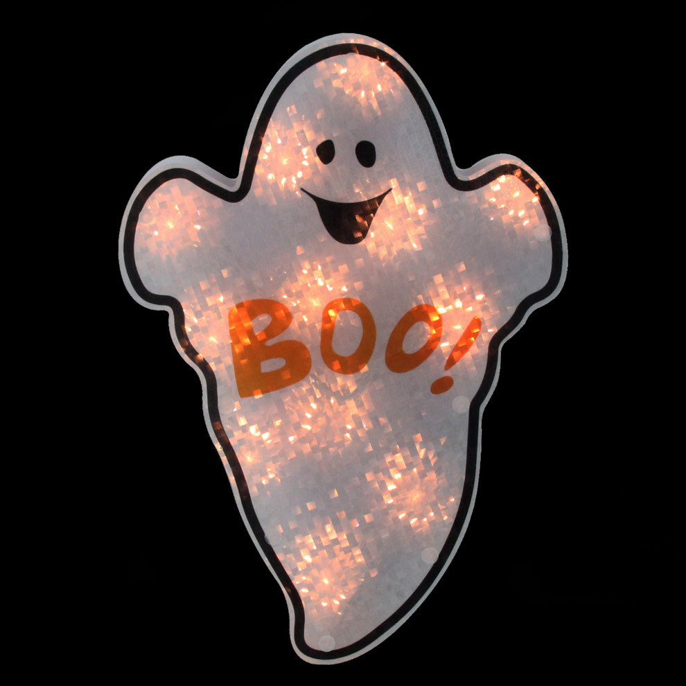 12" Lighted White Holographic Ghost Halloween Window Silhouette Decor