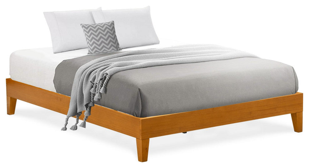 Queen Size Platform Bed Frame With 4 Hardwood Legs And 2 Extra Center Legs Oak