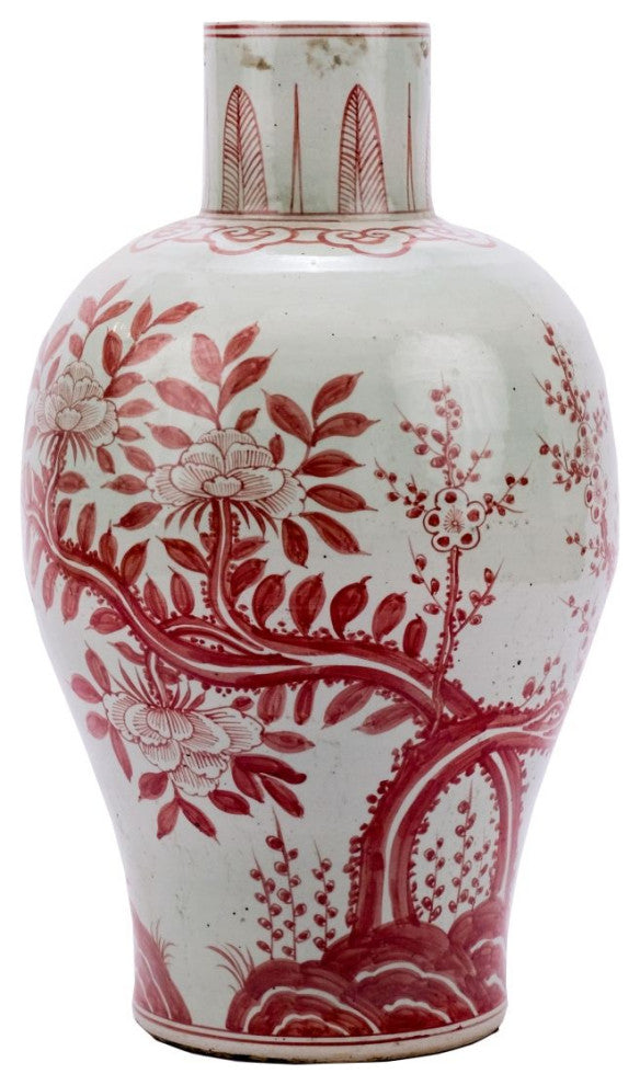 Coral Red Baluster Vase Plum Tree Motif