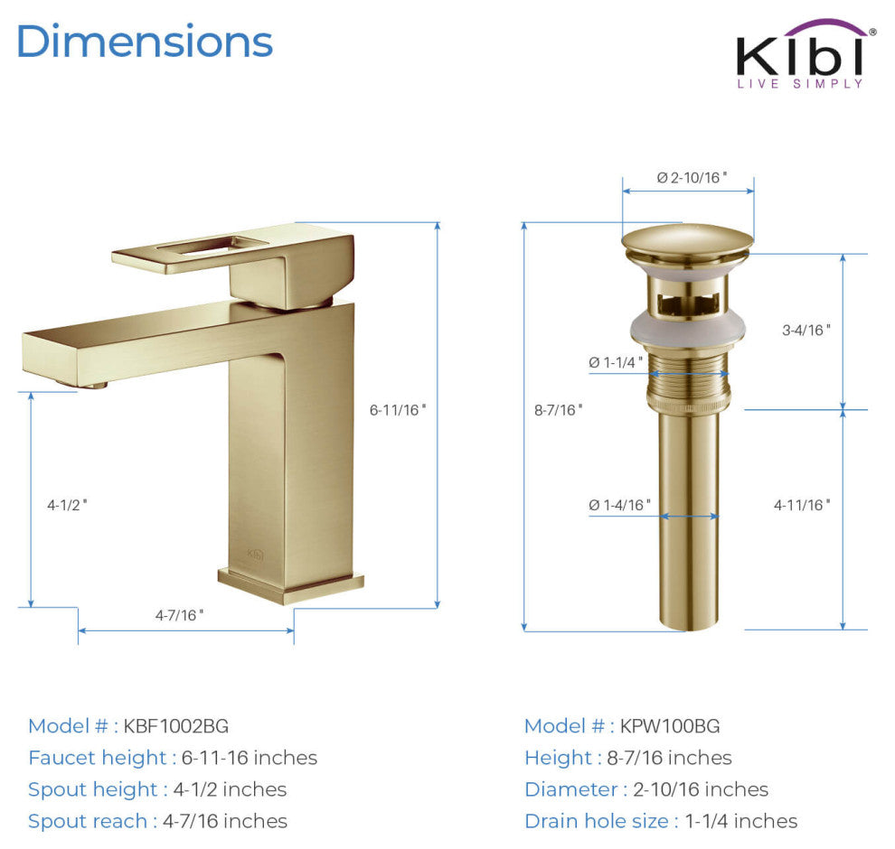 Cubic Single Hole Bathroom Faucet KBF1002, Brush Gold, W/ Drain