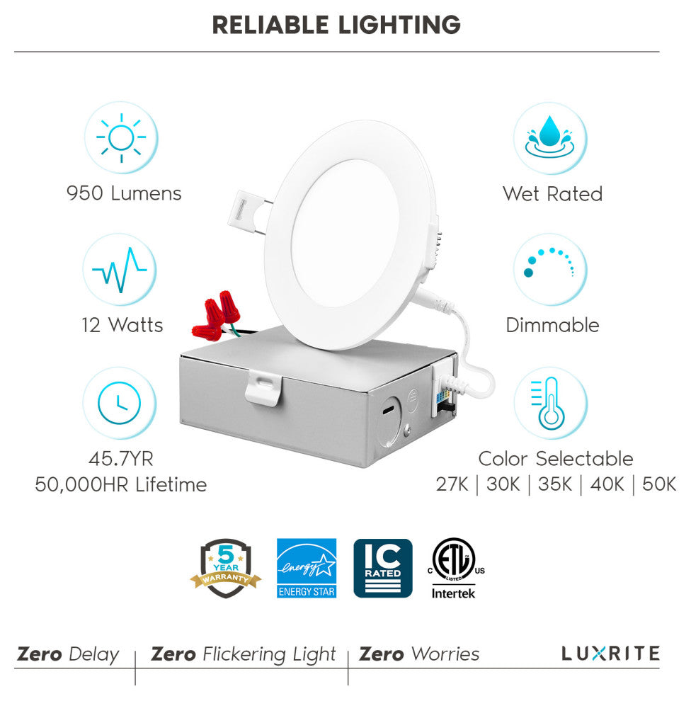 Luxrite 4" Ultra Thin LED Recessed Light 5 Color Selectable 8 Pack