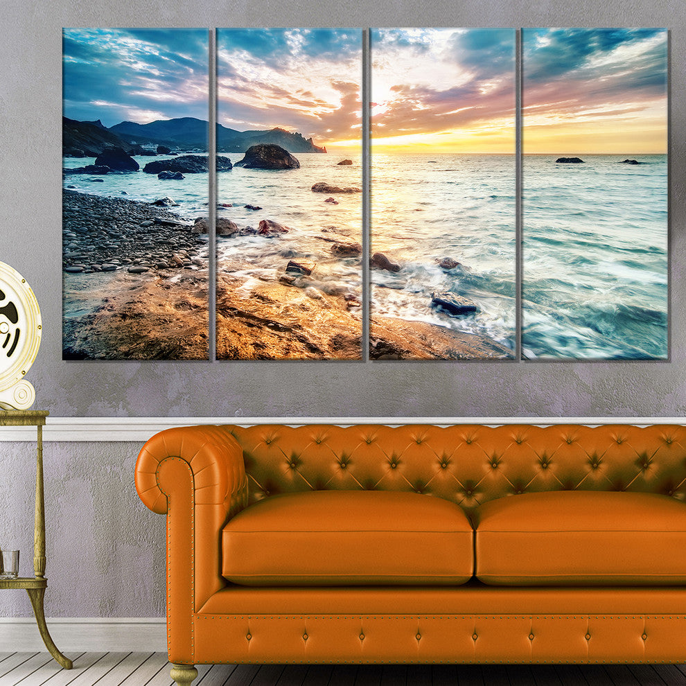 "Summer Sea With Mountains And Waves" Seascape Wall Art, 4 Panels, 48"x28"
