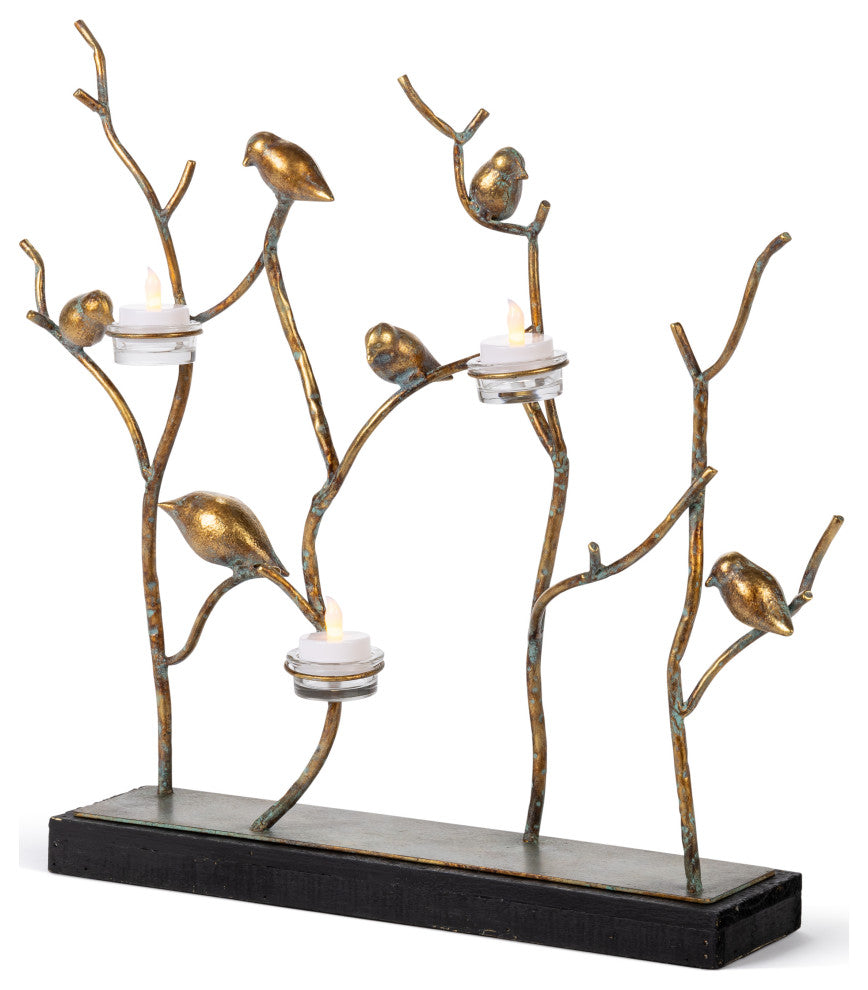 17.91" Metal and Wood Bird, Branches Tabletop Decor