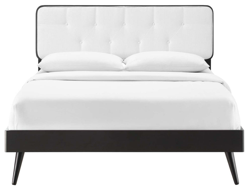 Platform Bed Frame, Queen Size, Fabric, Wood, Black White, Modern Mid-Century