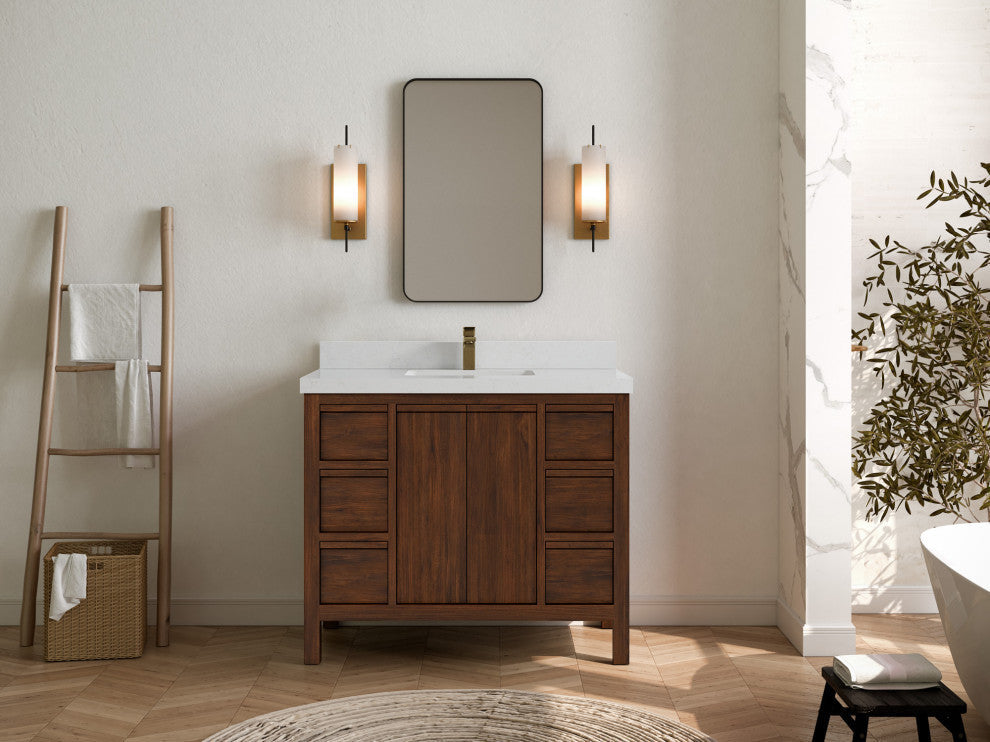 Elizabeth 42 Single Sink Bath Vanity in Dark Walnut Teak 2" Carrara Quartz