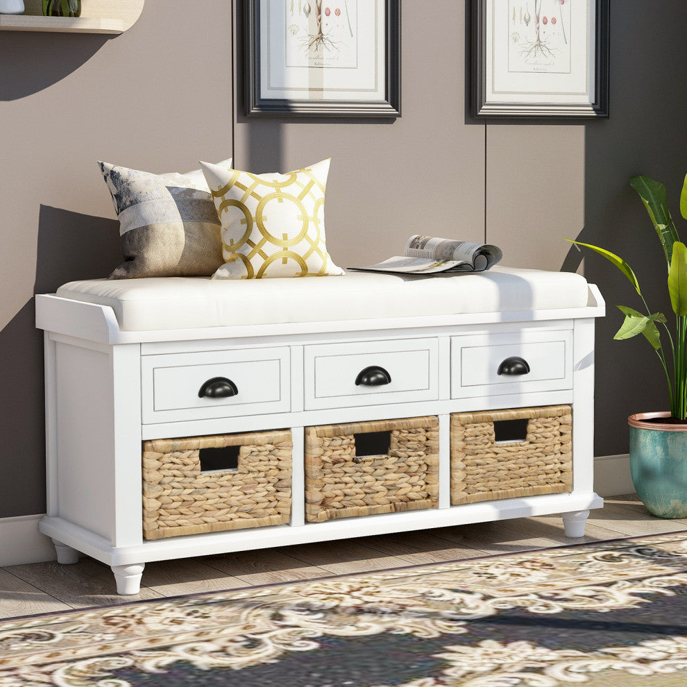TATEUS 42" Rustic Storage Bench With 3 Drawers and 3 Rattan Baskets, White