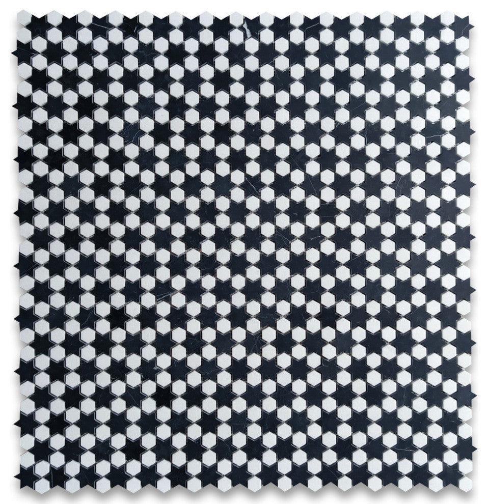 Thassos White Marble Starry Night Hexagram Hexagon Mosaic Tile Black, 1 sheet