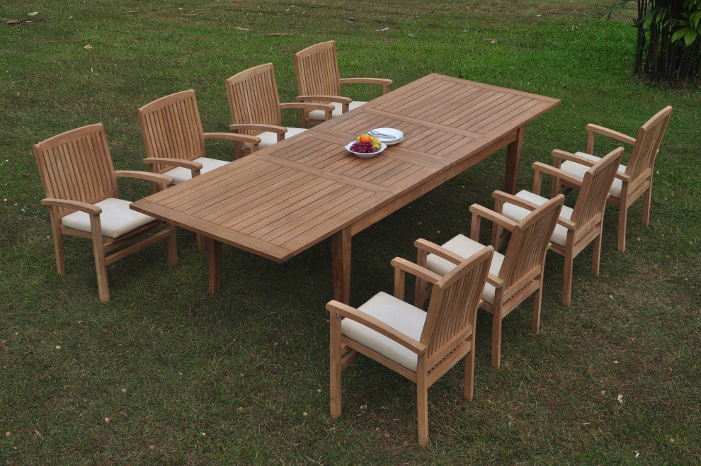 9-Piece Teak Dining Set: 122" X-Large Rectangle Table, 8 Wave Stacking Chairs