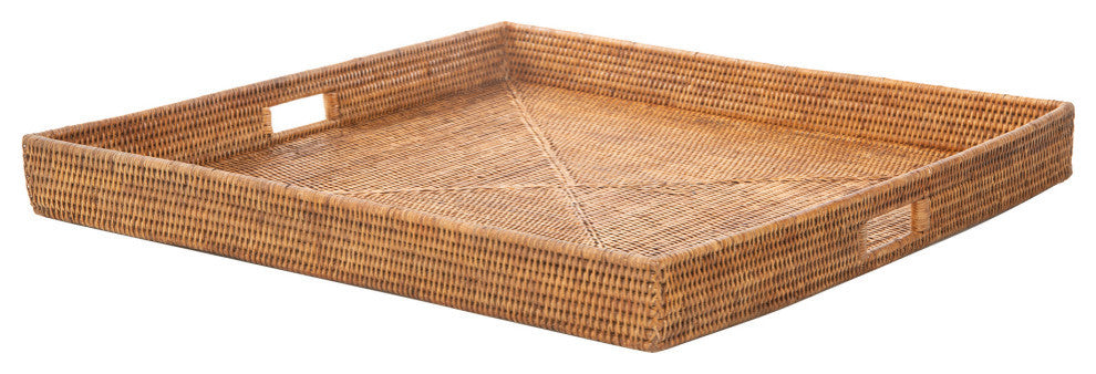 La Jolla Square Rattan Jumbo Sized Centerpiece and Ottoman Tray, Honey Brown