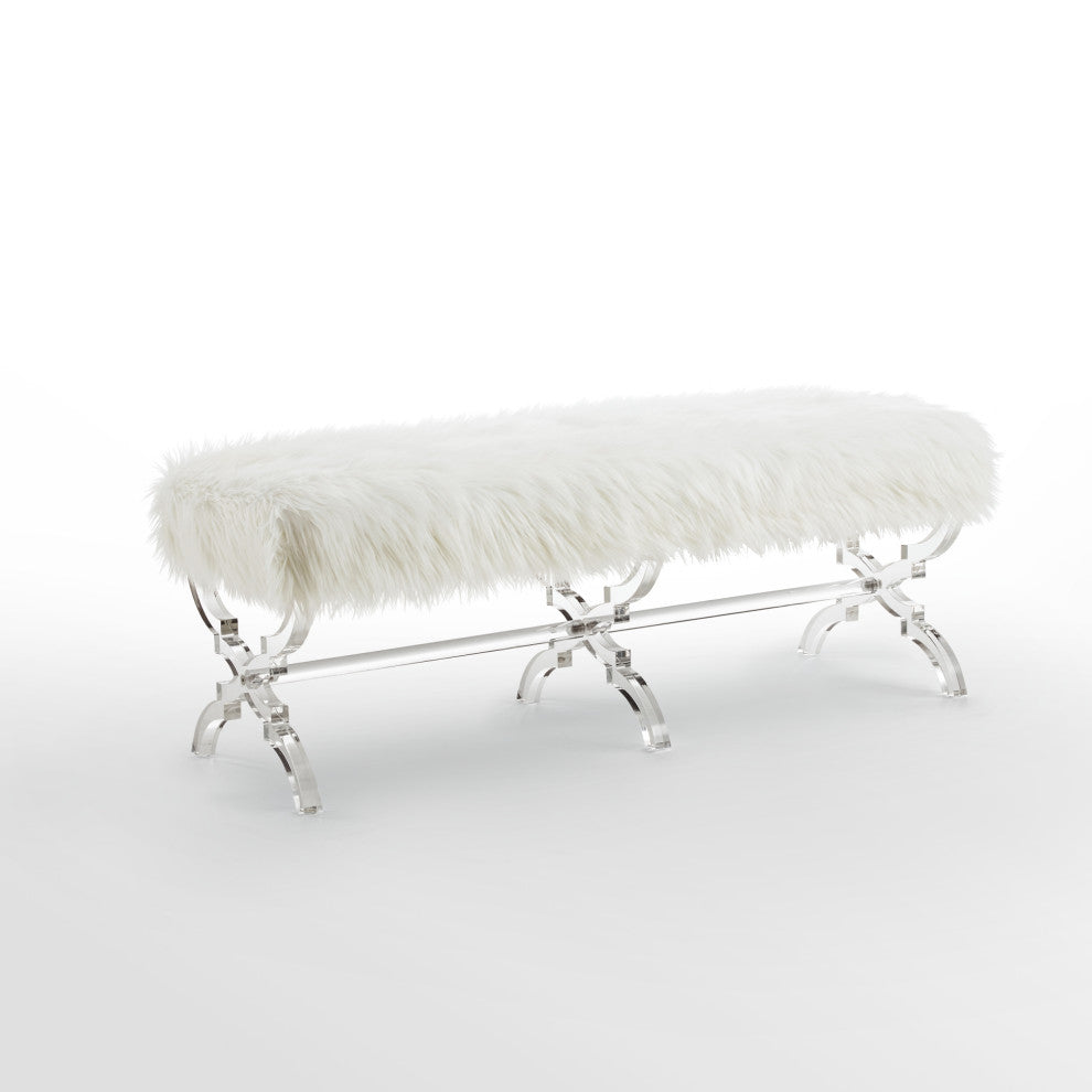 Enzo Faux Fur Acrylic X-Leg Bench, Cream White