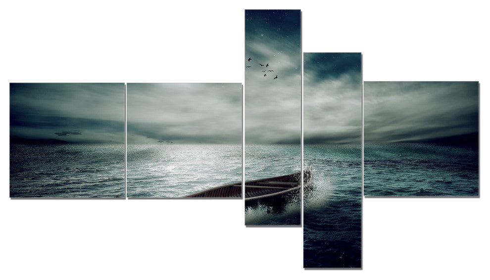 Boat Drifting Away After Storm, Seashore Canvas Art Print, 60"x32", 5 panels