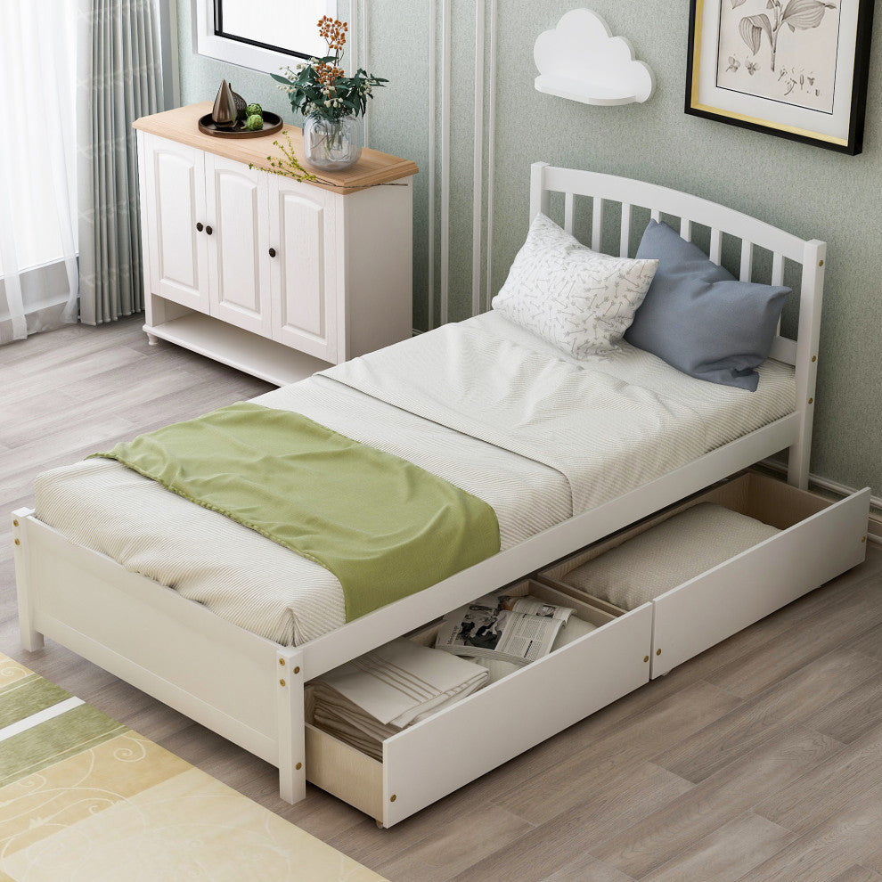 Gewnee Wood Twin Platform Bed with Storage Drawers in White