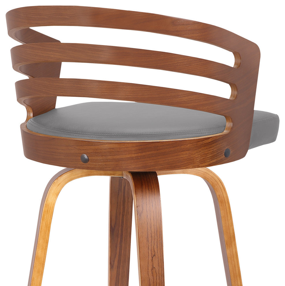 30" Gray Modern Faux Leather & Walnut Wood Swivel Bar Stool