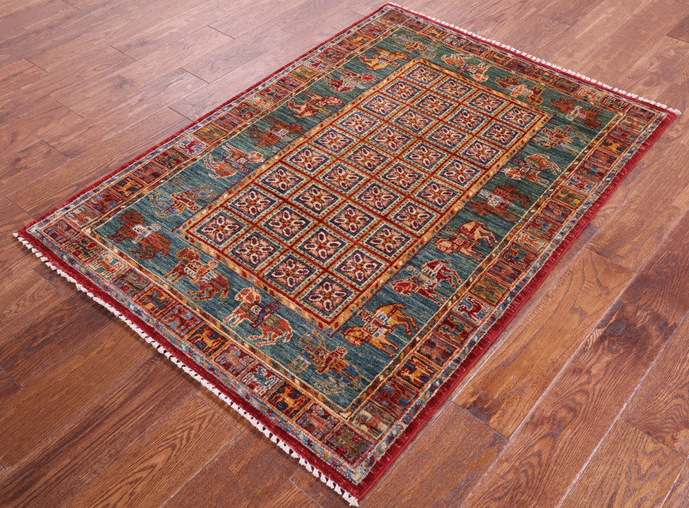 Hand Knotted Antiqued Pazyryk Historical Design Wool Rug 3' 4" X 4' 9" Q10862
