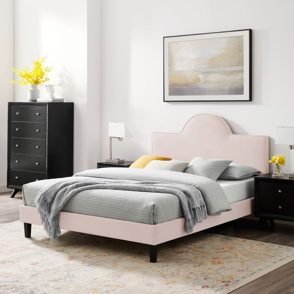 Platform Bed Frame, King Size, Pink, Velvet, Modern, Bedroom Master Guest Suite