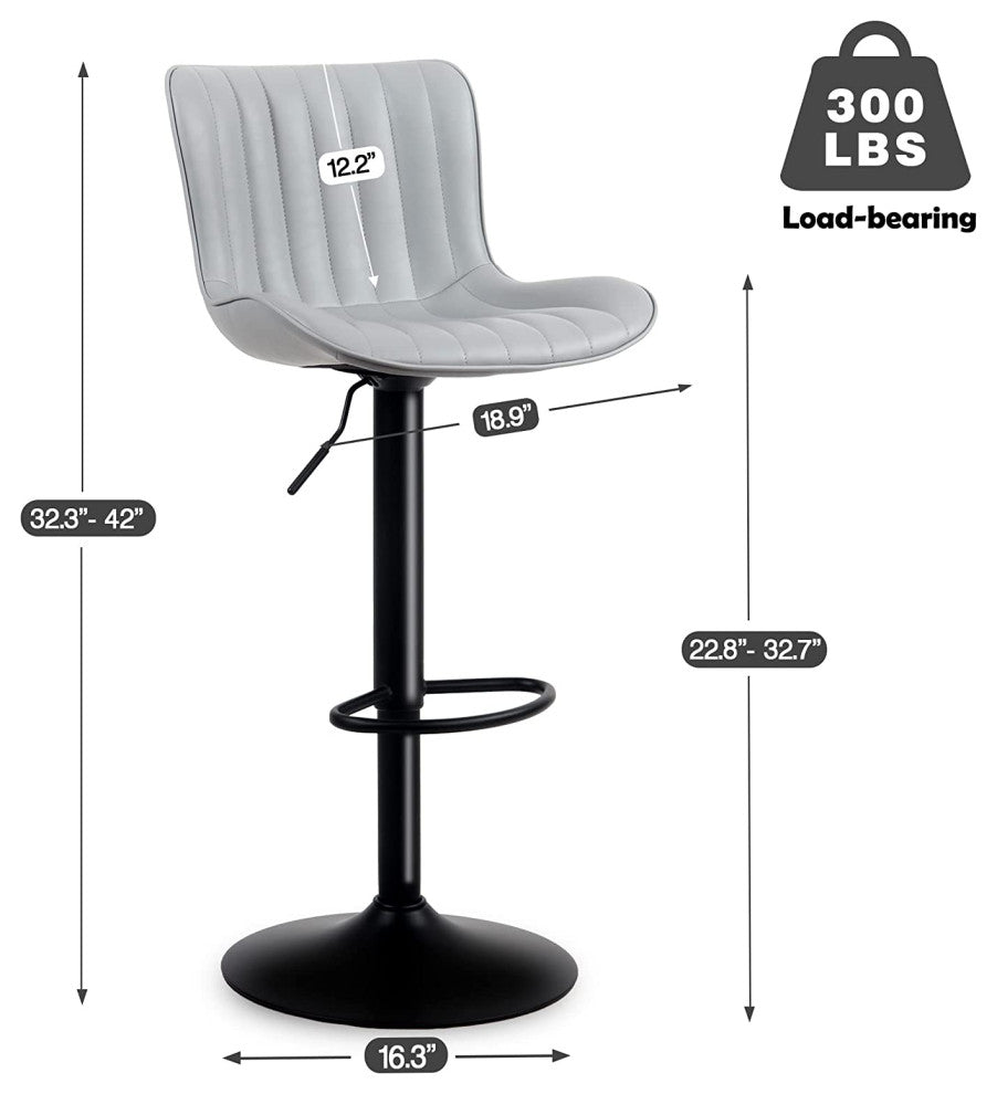 YOUNIKE Set of 2 Leather Bar Stool Adjustable, Swivel, Wingback, Gray
