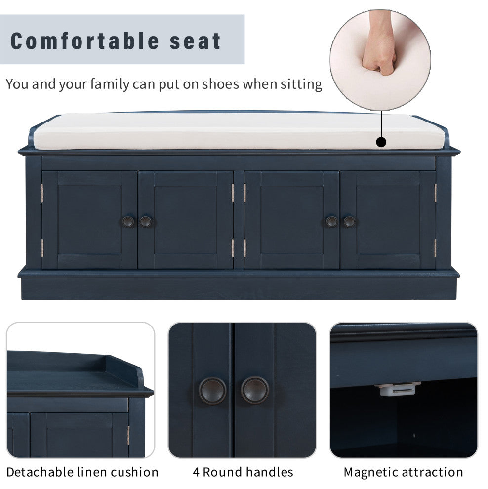 TATEUS 42" Wooden Storage Bench With 4 Doors and Adjustable Shelves for Entryway, Antique Navy