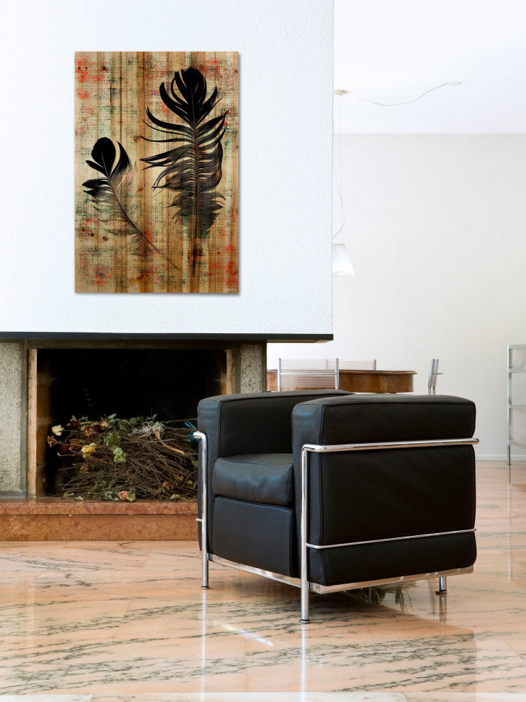 "Beautiful Black Feathers" Print on Natural Pine Wood, 24"x36"