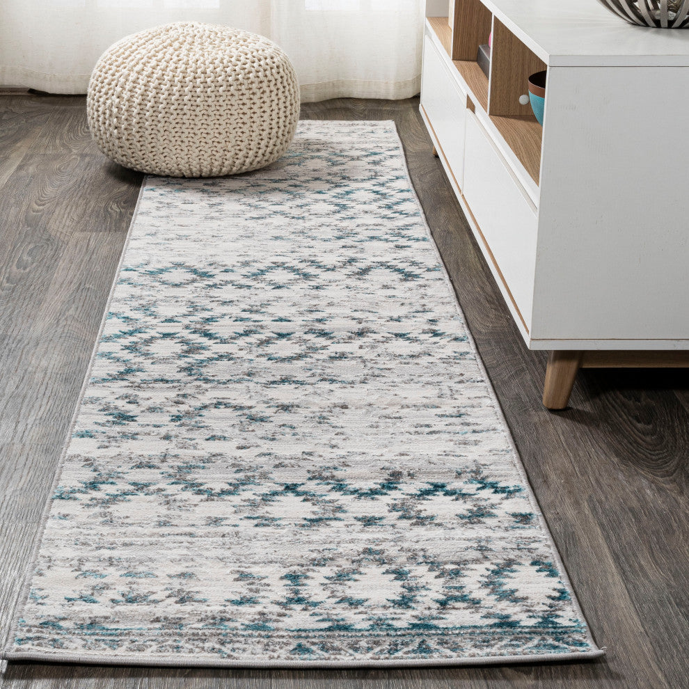 Ancient Faded Trellis Gray/Turquoise 2'x10' Runner Rug