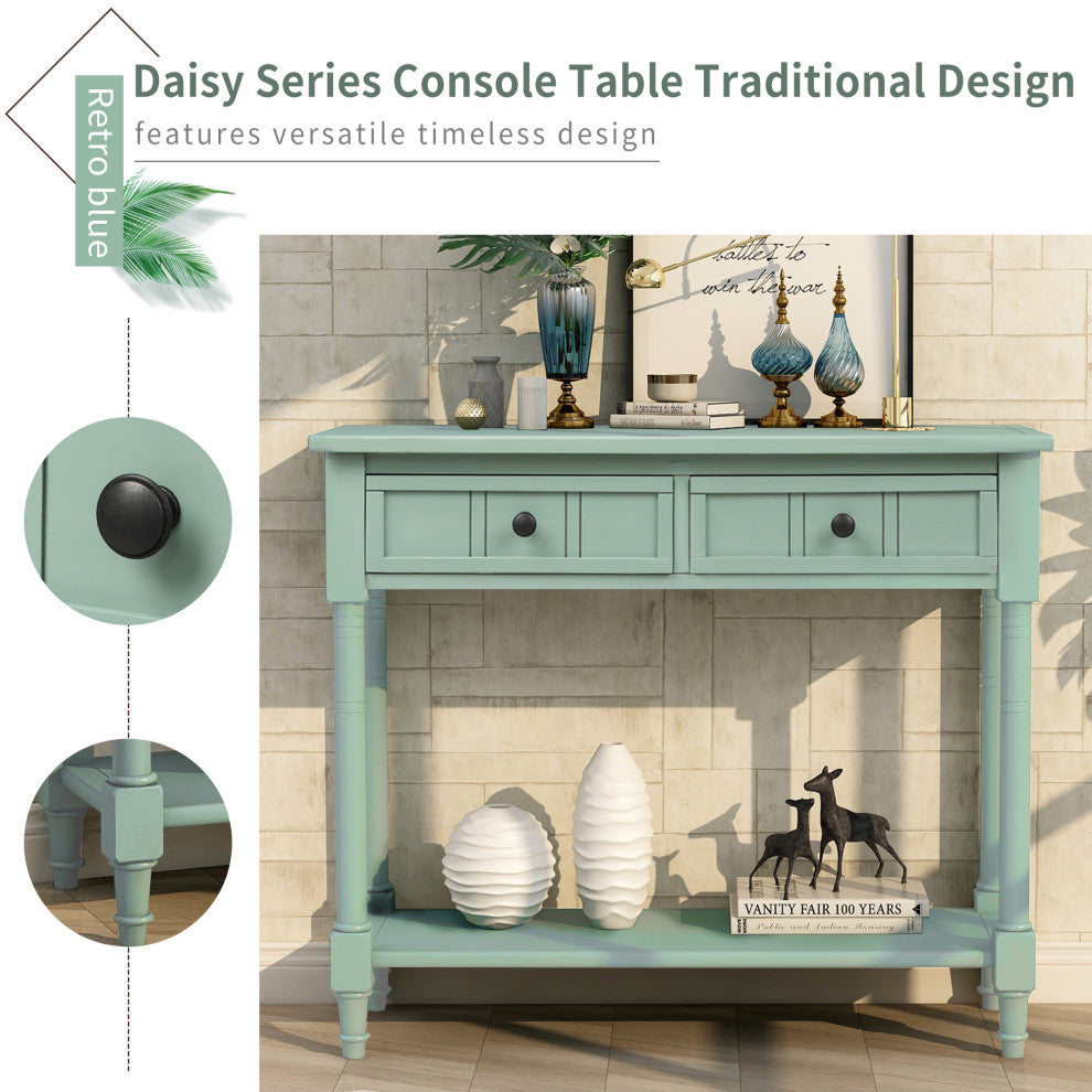 Console Table with Two Drawers and Bottom Shelf, Antique Blue