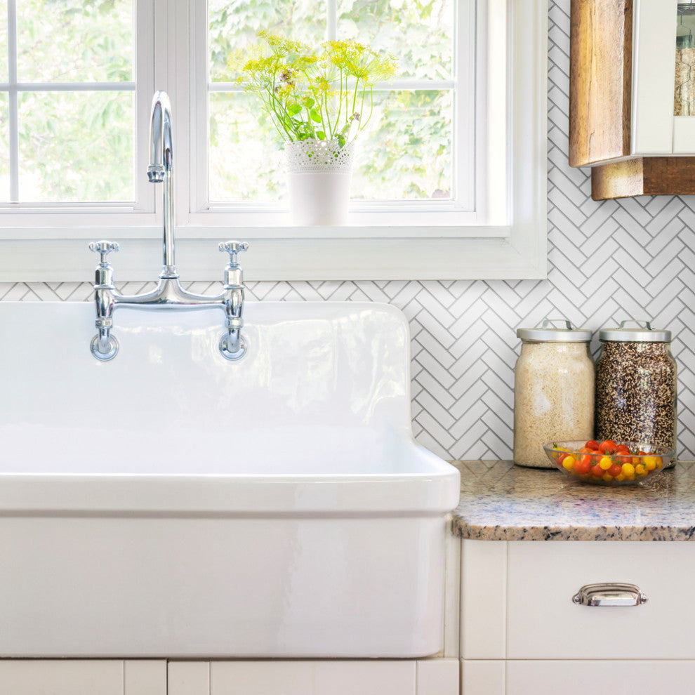Metro Brick Herringbone Matte White Porcelain Floor and Wall Tile