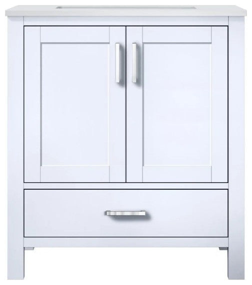 Jacques 30" White Single Square Sink Vanity with Quartz Top, No Mirror