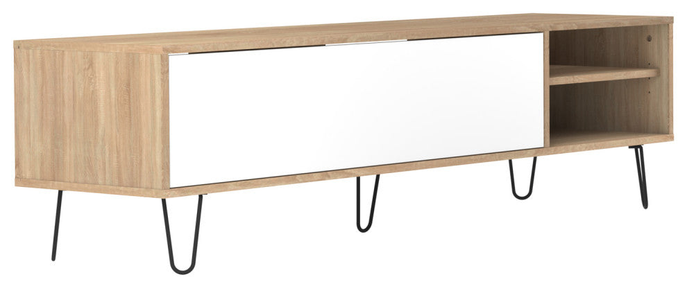 Modern Low Tv Stand Cabinet Metal Leg, Natural Oak/White