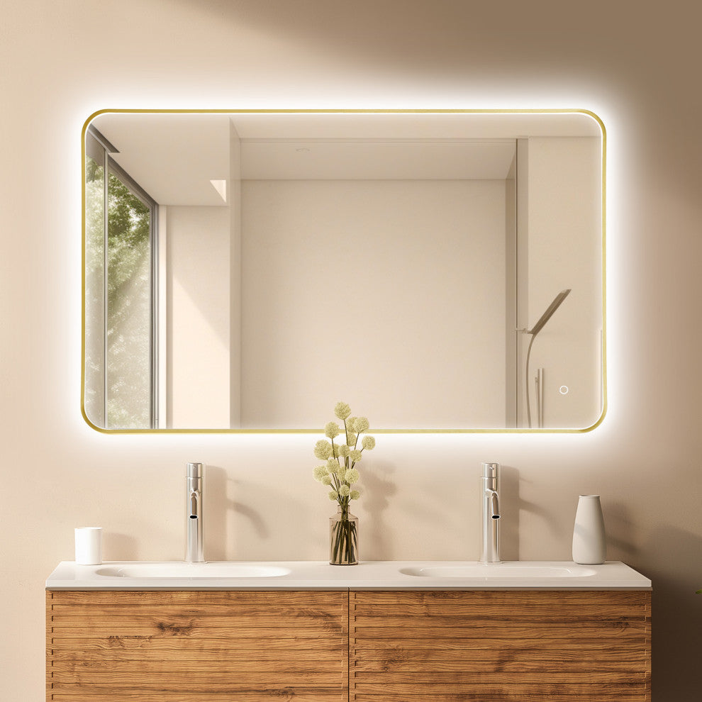Dazzle Rectangular Bathroom/Vanity LED Lighted Wall Mirror, Brushed Gold, 48"