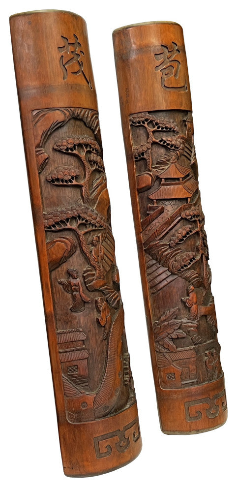 Pair Hand Carved Chinese Bamboo Calligraphy Landscape Panel Hws3048
