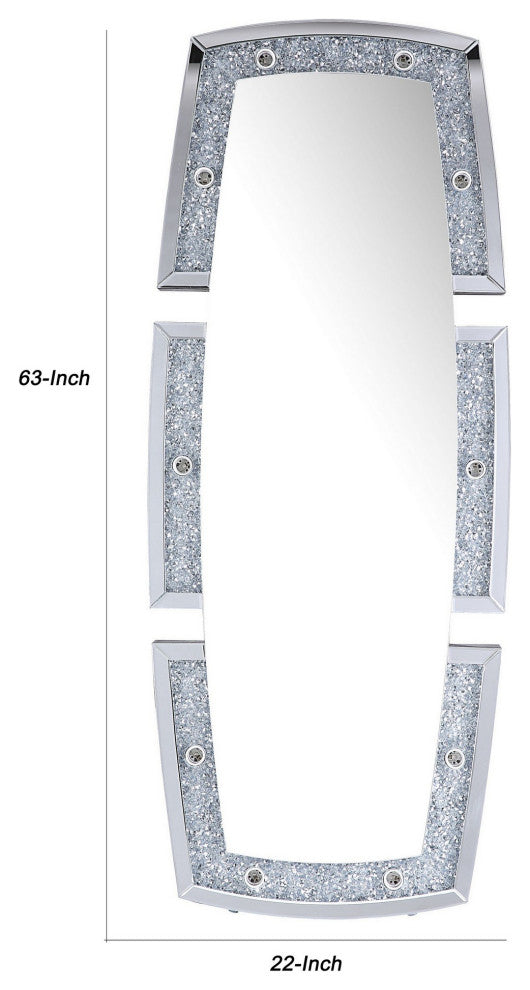Benzara BM225719 Split Edged Accent Floor Mirror With Faux Diamond Inlay, Silver