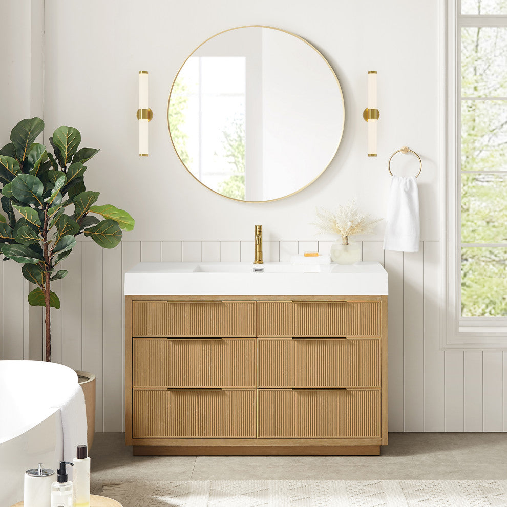 Hohhot Bath Vanity, Stone Sink Top No Mirror, Washed Ash Gray, 48", Single Vanity