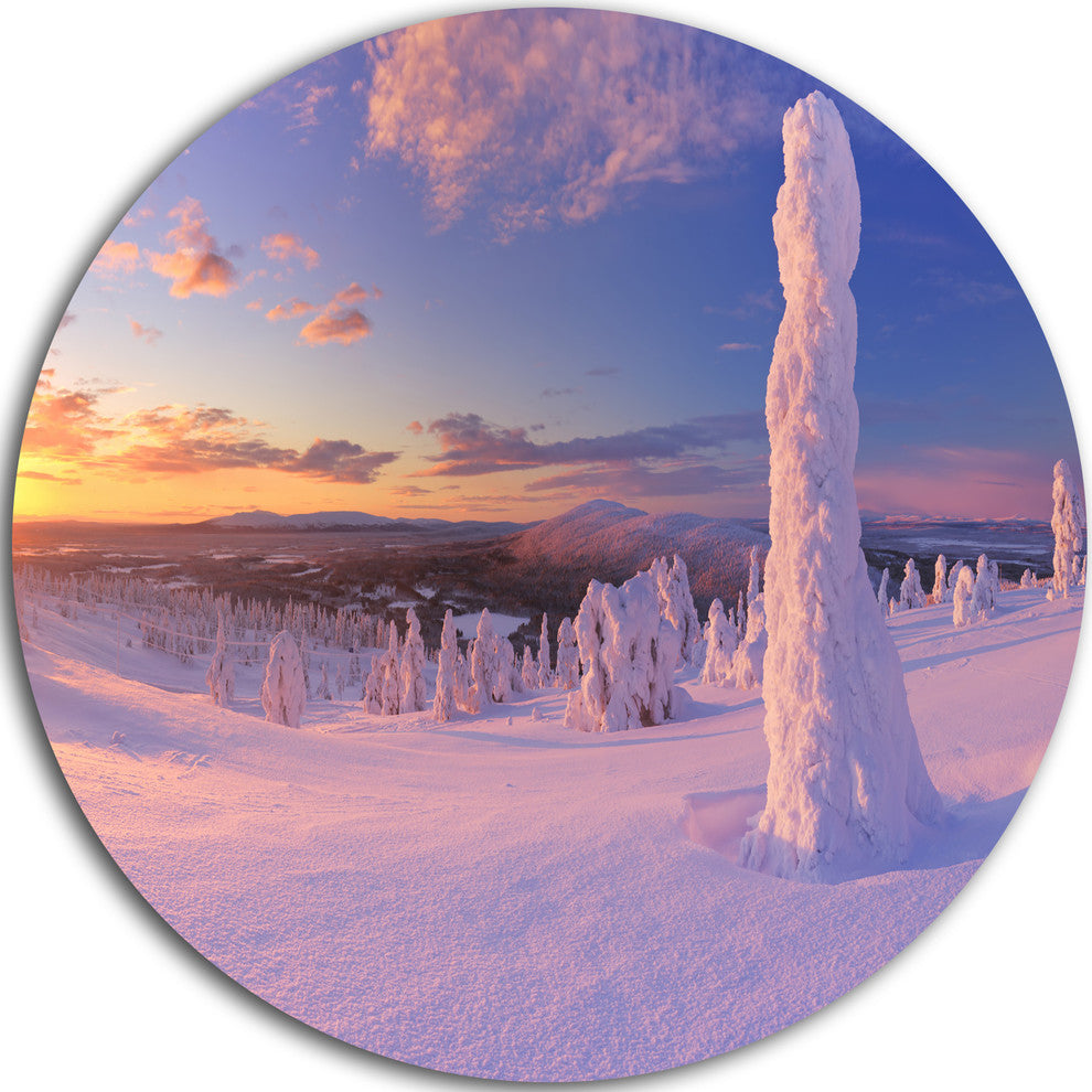 Frozen Trees On Mountain Panorama, Landscape Disc Metal Wall Art, 36"