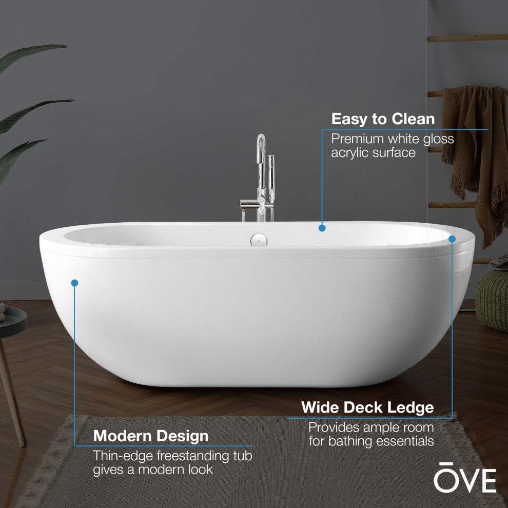 OVE Decors Serenity Freestanding 71" Acrylic Center Drain Bathtub in White