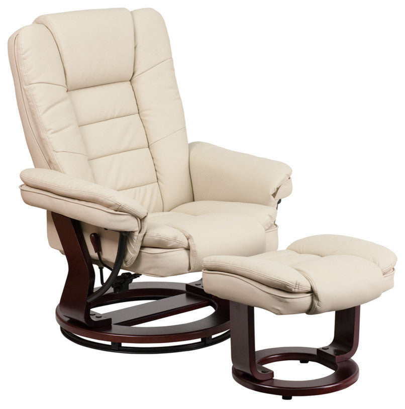 Contemporary Leather Recliner And Ottoman Set, Beige