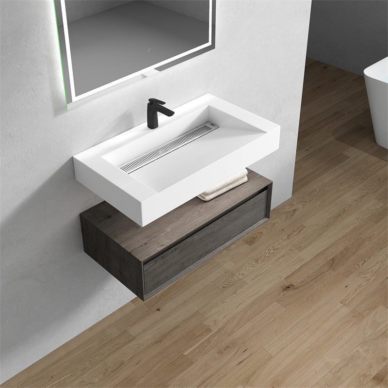 Alysa 36'' Floating Vanity, Acrylic Sink, Smoke Oak