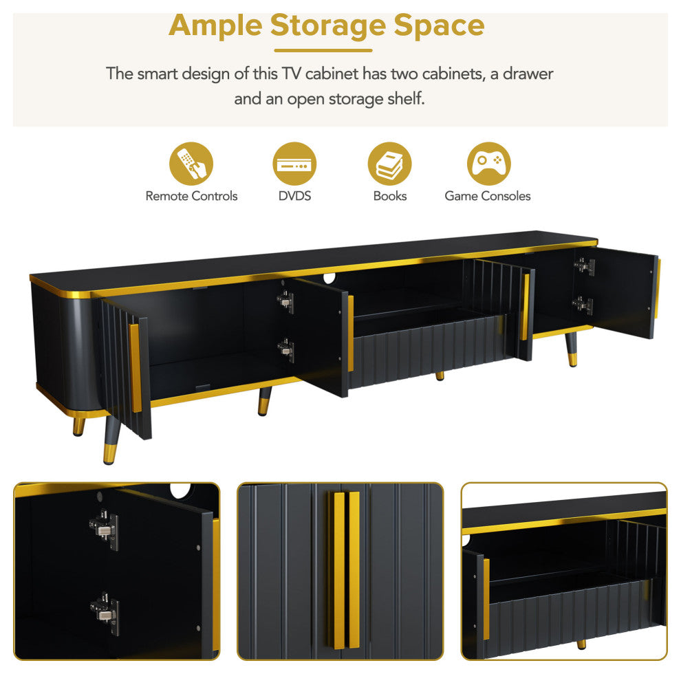 Gewnee Luxury Minimalism TV Stand with Open Storage Shelf , Black