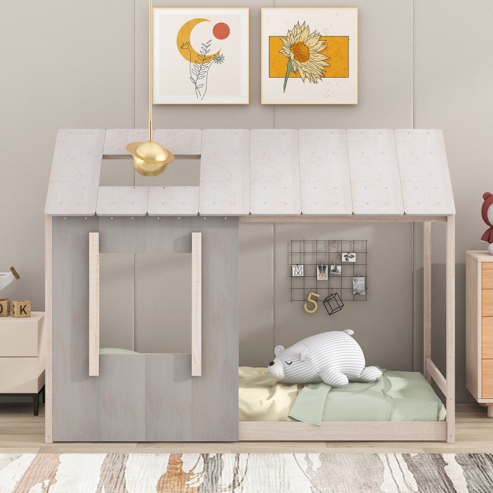 Gewnee Twin Size House Platform with Roof and Window , In Grey