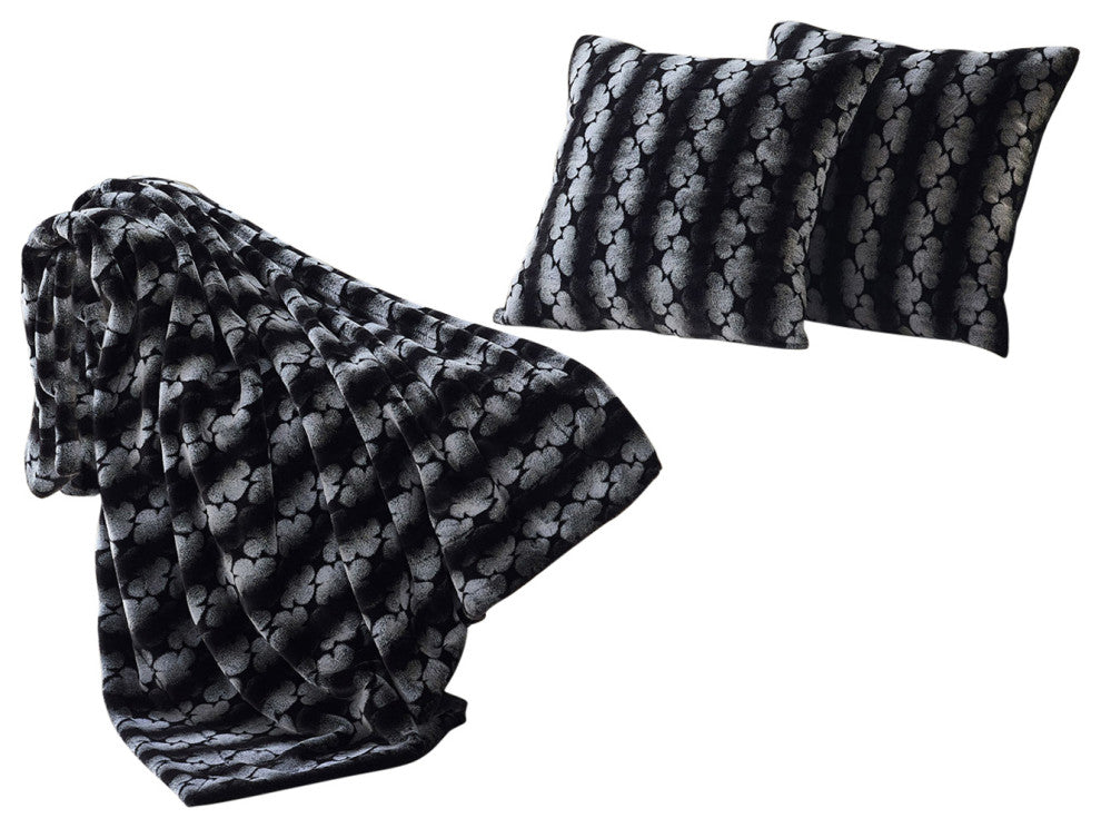 Ballys Faux Fur Throw and Pillow Shell Combo, Black, 50"x60"