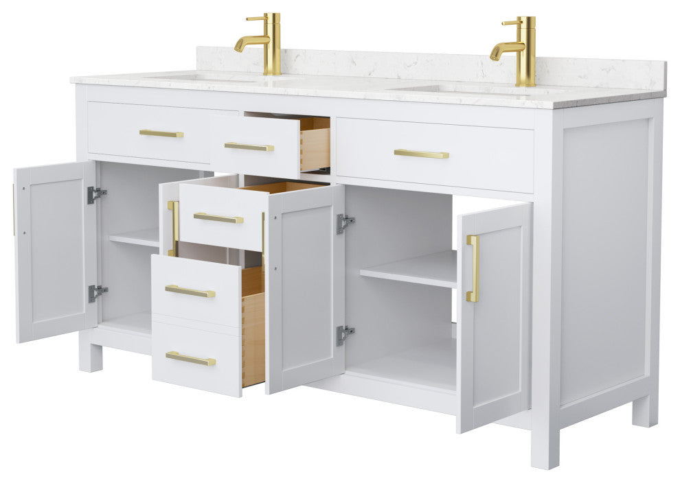 66"DBL Bathroom Vanity White, Carrara Cult. Marble Countertop, Sinks, Gold Trim