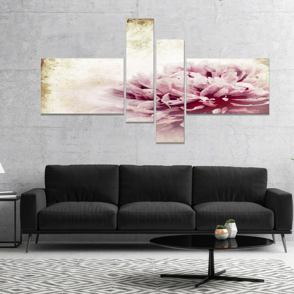 Pink Peony in Vintage Style, Floral Art Canvas Print, 60"x32", 4 panels