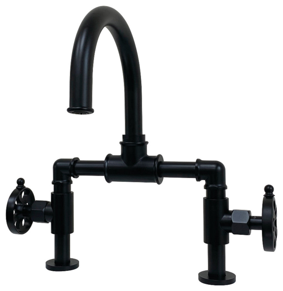 Belknap Style Wheel Handle Bridge Bathroom Faucet With Pop-Up Drain, Matte Black
