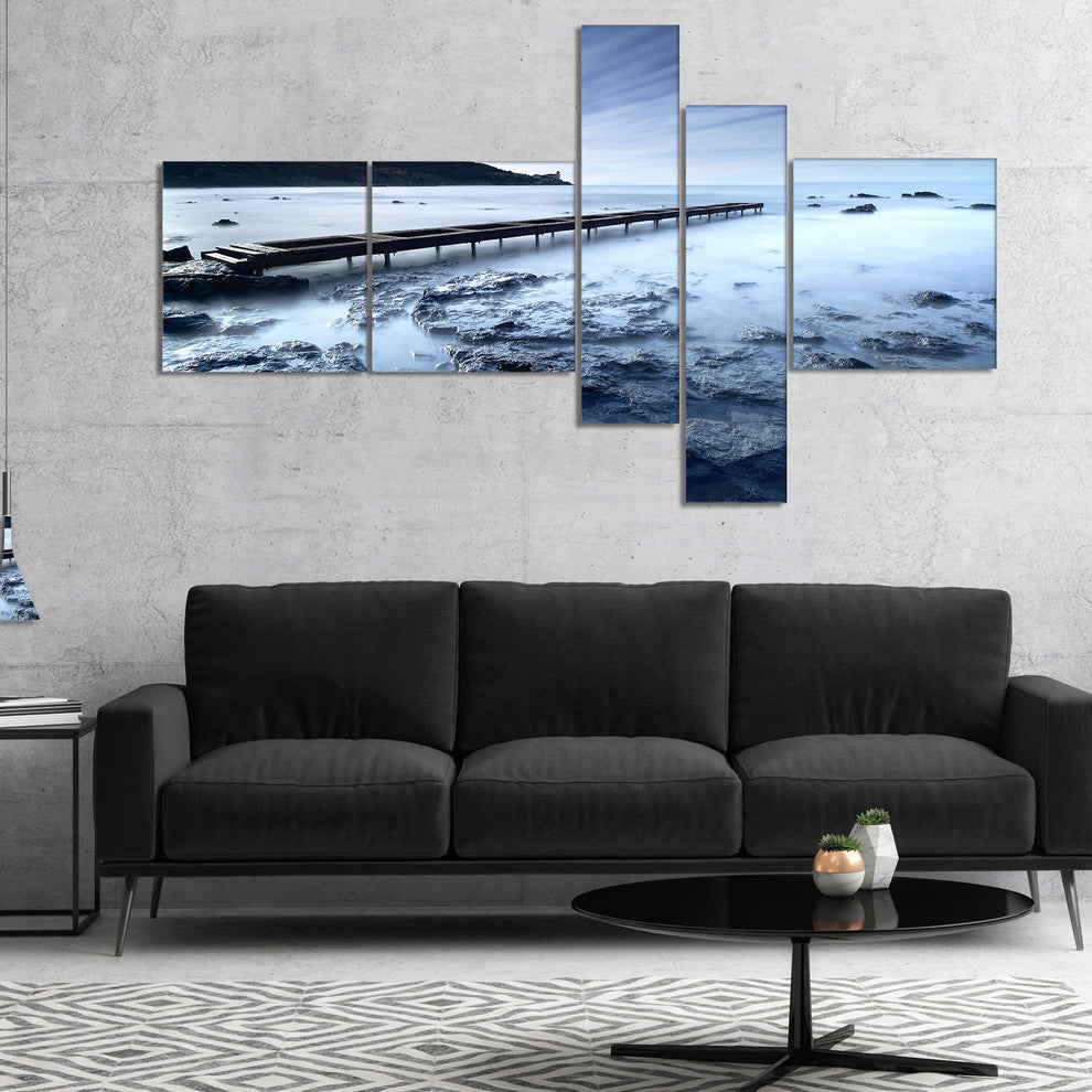 Wooden Pier Deep into Sea, Seascape Canvas Art Print, 60"x32", 5 panels