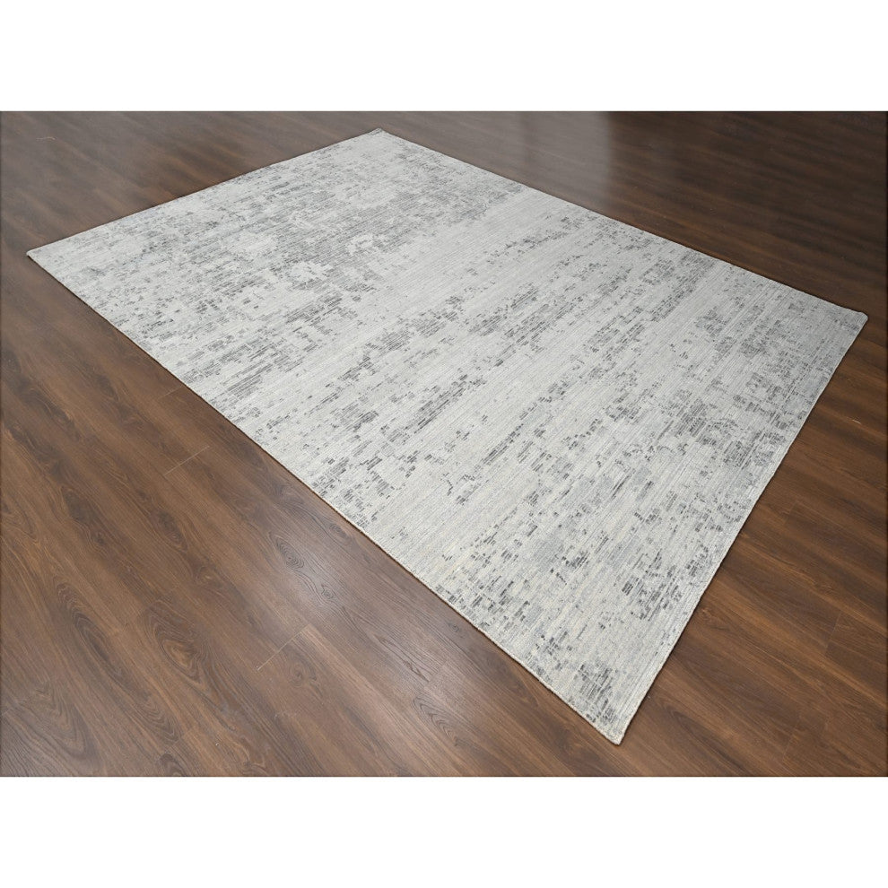 Shadow White Weaved Hand Knotted Undyed Wool Nepali Oriental Rug, 8'11"x11'11"