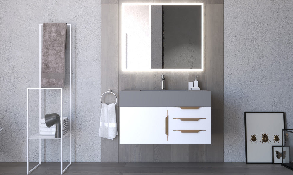 CastelloUSA Nile 36" Wall Mounted Vanity Set, White, Gray Top, Gold Handles