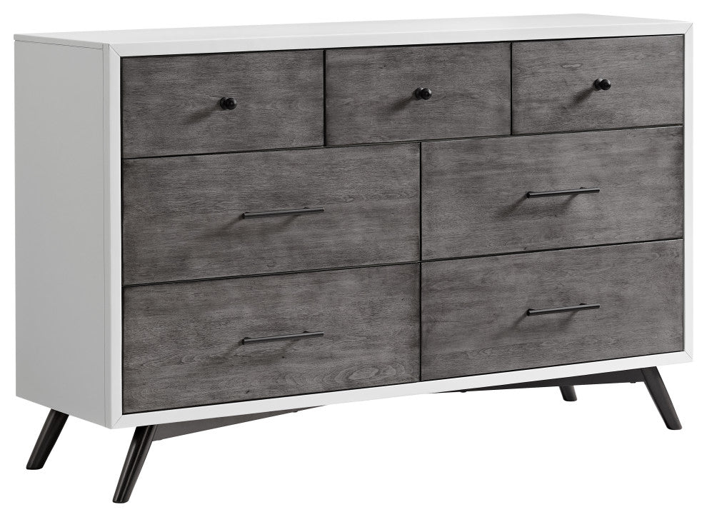 Mid-Century Modern 7-Drawer Dresser, White, Gray, and Black